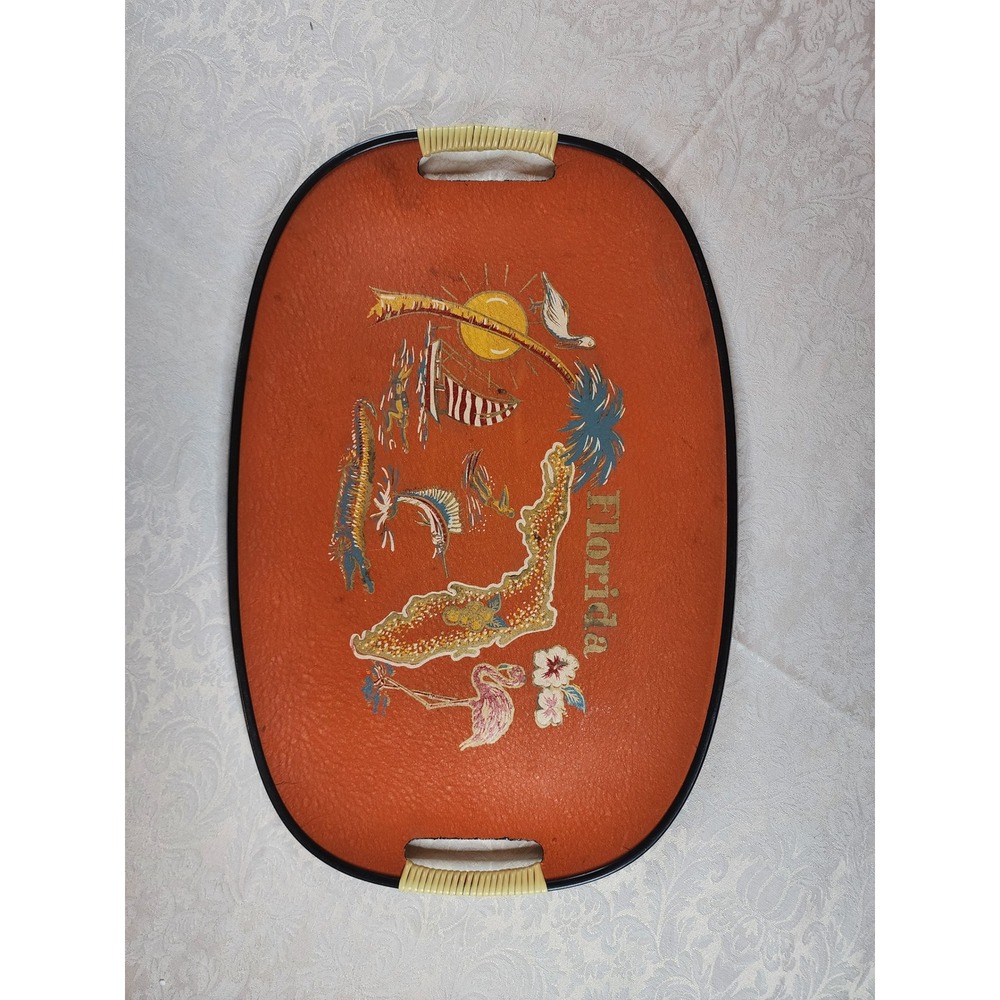 Vintage Florida Souvenir Serving Tray Molded Fiberglass Orange Faux Leather MCM